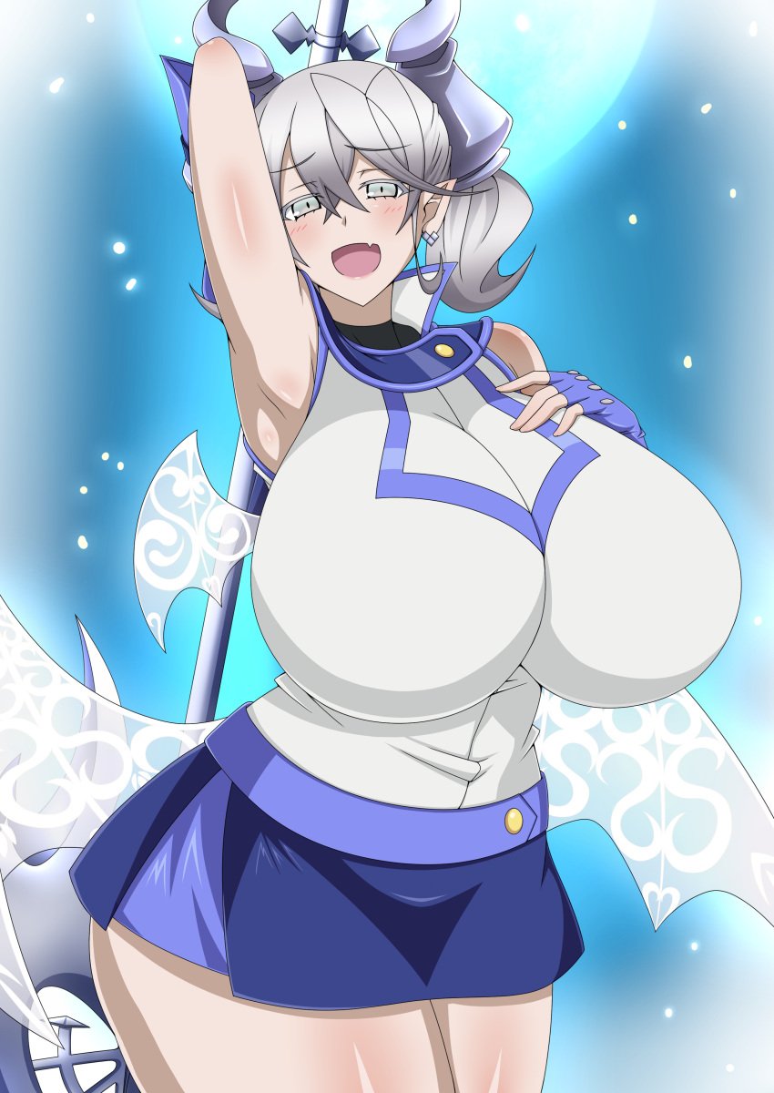 1girls blush clothing cosplay demon demon_girl duel_monster earrings female hand_on_breast hi_res horn horny horny_female huge_breasts labrynth_of_the_silver_castle lance looking_at_viewer lovely_labrynth_of_the_silver_castle mature milf obelisk_blue_uniform one_arm_up pose seductive seductive_smile silver_eyes solo space_gorilla trident twintails uniform voluptuous white_hair wings yu-gi-oh! yu-gi-oh!_gx