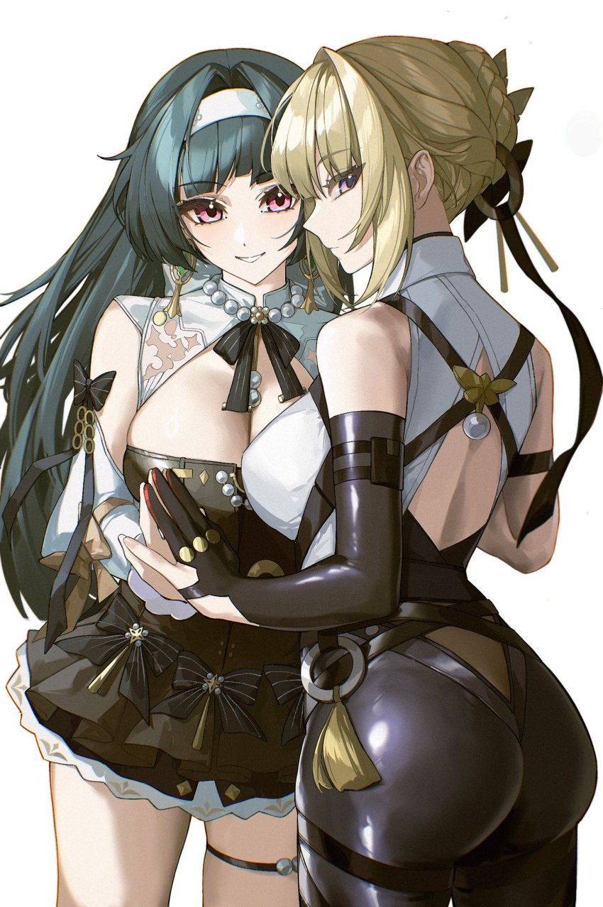 2girls ass astra_yao astra_yao_(chandelier) back_cutout bare_shoulders black_dress black_gloves black_hair black_pants black_ribbon blonde_hair breasts clothing_cutout commentary cowboy_shot dress earrings elbow_gloves evelyn_chevalier gloves hair_intakes hairband high-waist_pants highres jewelry large_breasts looking_at_viewer median_furrow multiple_girls official_alternate_costume pants parted_lips pink_eyes purple_eyes ribbon ring_hair_ornament shirt short_dress short_hair sidelocks simple_background single_elbow_glove smile tutou_jiang white_background white_hairband white_shirt yuri zenless_zone_zero