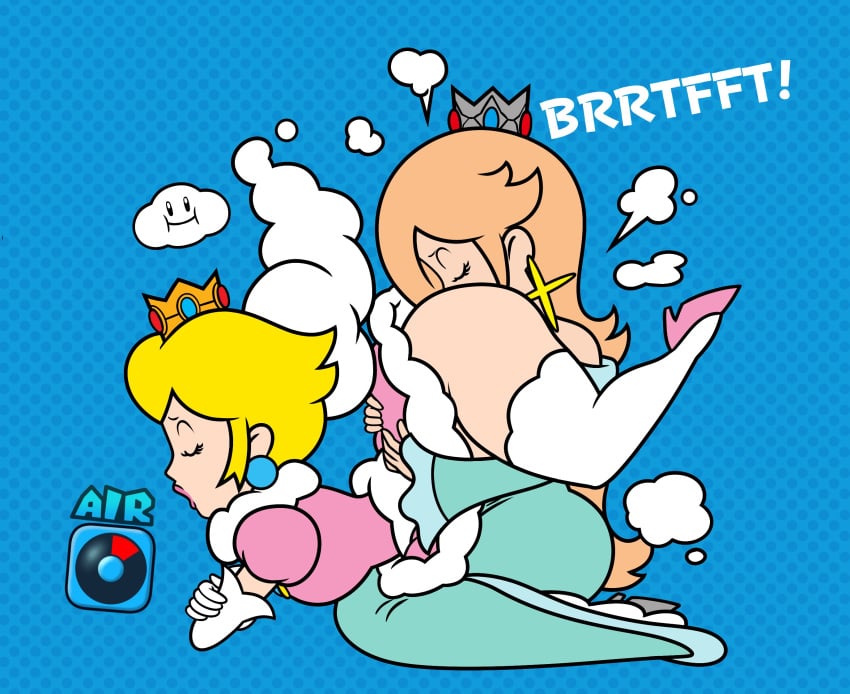 2girls anilingus ass_grab ass_in_face blue_background blue_dress cloud clouds ear_ring fart fart_cloud fart_fetish farting farting_in_face gloves hexanne high_heels moaning nintendo pink_dress princess princess_peach princess_rosalina rimming sniffing sniffing_ass yellow_hair yuri