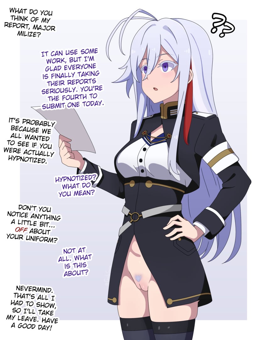 86_-eightysix- :o ? ?? absurdres ahoge ai-assisted antenna_hair belt black_thighhighs border bottomless breasts colored_pubic_hair english_commentary english_text female female_pubic_hair guilegaze hair_between_eyes hand_on_own_hip highres holding holding_paper hypnosis long_hair looking_ahead medium_breasts military_uniform mind_control multicolored_hair o-ring o-ring_belt open_mouth paper pubic_hair purple_eyes pussy solo standing streaked_hair talking thighhighs unaware uncensored very_long_hair vladilena_millize white_border white_hair white_pubic_hair