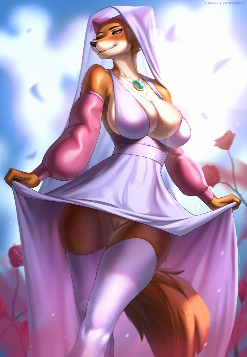 2025 anthro big_breasts breasts canid canine clothed clothed_anthro clothed_female clothing countershade_torso countershading digital_media_(artwork) dress female fingers flower fox front_view fur genitals headgear headwear hi_res jewelry legwear looking_aside low-angle_view maid_marian mammal necklace no_underwear orange_body orange_fur orange_tail outside plant pussy red_eyes solo standing sugene tail thigh_highs