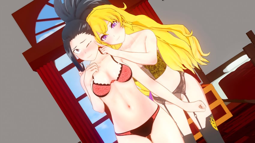 2girls 3d black_eyes black_hair blonde_hair blush boku_no_hero_academia crossover koikatsu lingerie momo_yaoyorozu my_hero_academia one_eye_closed perfect_idiot purple_eyes rwby shy shy_smile yang_xiao_long yaoyorozu_momo