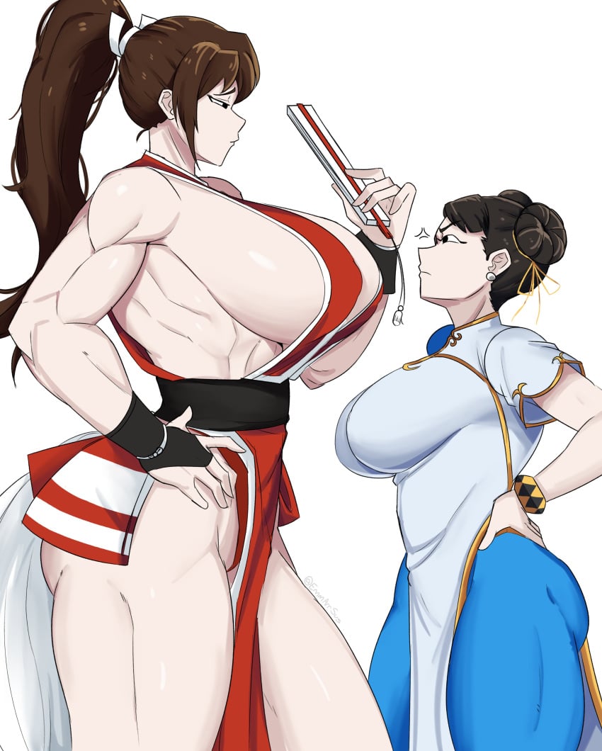 2girls abs alternate_breast_size alternate_muscle_size biceps blue_dress chun-li emmarrgus fan growth hair_bun hand_on_hip huge_ass huge_breasts implied_growth kimono king_of_fighters looking_at_another mai_shiranui muscle_growth muscles muscular muscular_female ponytail red_dress side_view sideboob size_difference street_fighter street_fighter_6 taller_girl thick_thighs