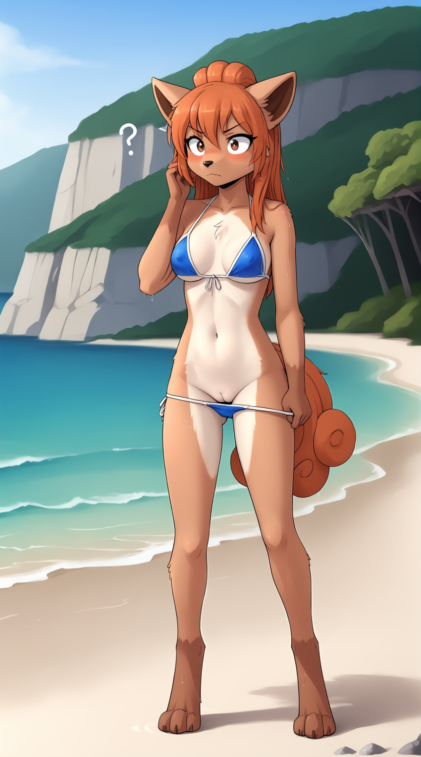 1girls 2025 ai_generated annoyed anthro beach bikini blushing confusion dripping female female_only flashing flashing_pussy generation_1_pokemon hi_res inner_ear_fluff innie_pussy multiple_tails nintendo nipple_bulge pokemon pokemon_(species) pussy question_mark seaside vulpix wet wet_body wet_hair wide_eyed