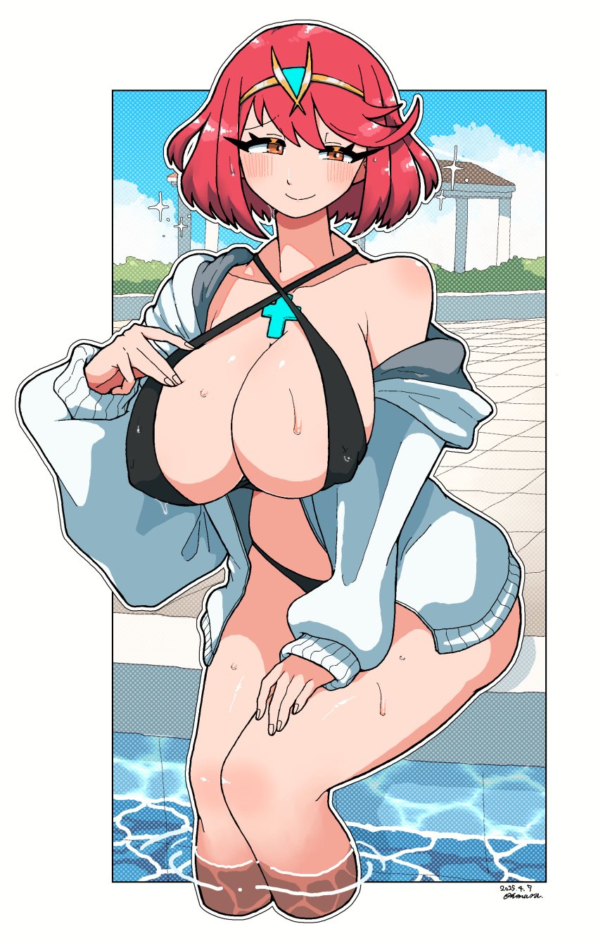 1girls absurdres alternate_costume big_breasts breasts core_crystal female highres large_breasts nipple_bulge nipples nipples_visible_through_clothing omura_zojiki pyra red_eyes red_hair short_hair solo xenoblade_(series) xenoblade_chronicles_2