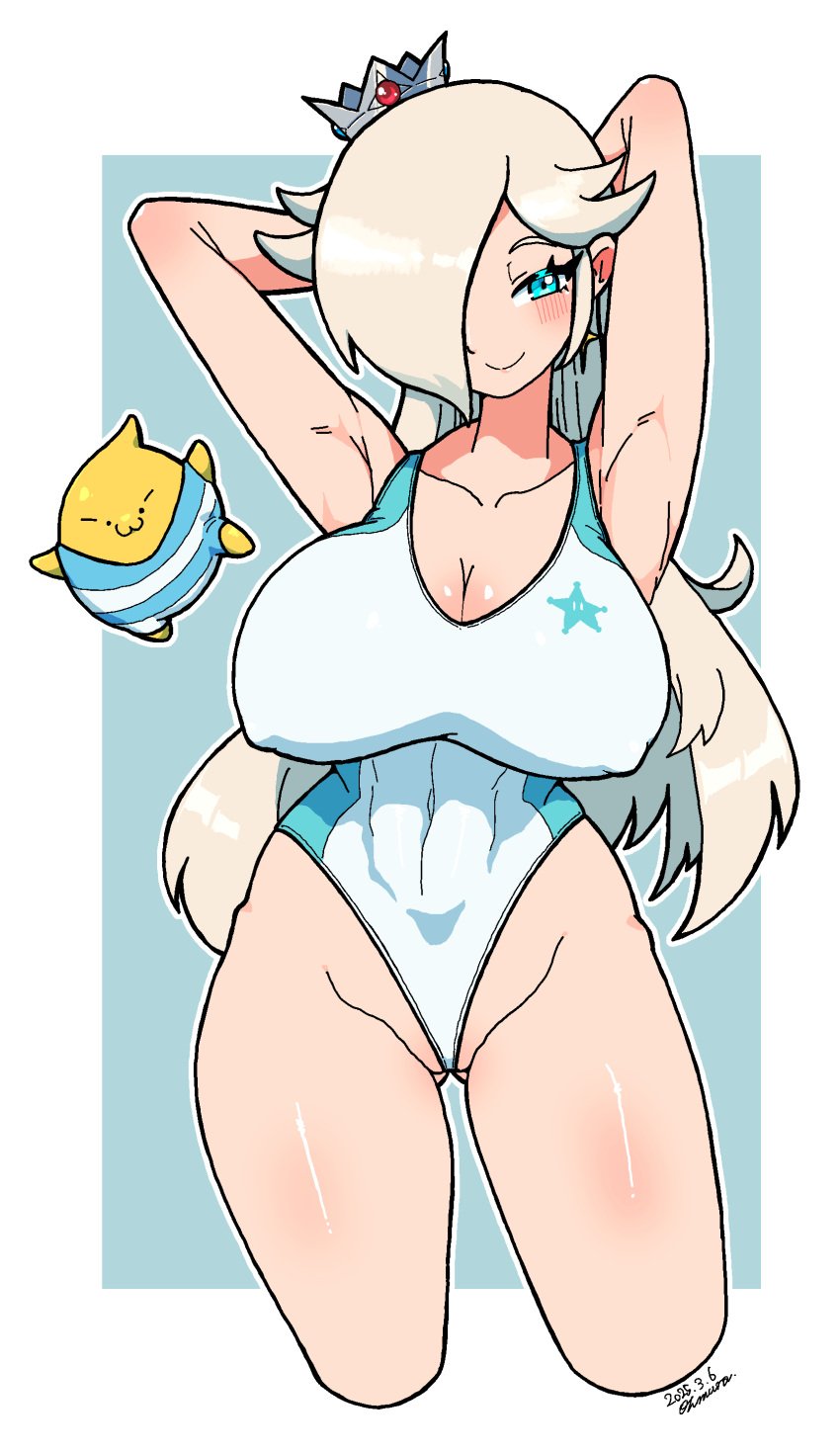 1girls absurdres aqua_eyes armpits arms_behind_head artist_name blonde_hair blush breasts cleavage covered_erect_nipples covered_navel curvy dated female half-closed_eye highres large_breasts legs long_hair looking_at_viewer luma_(mario) mario_(series) nintendo omura_zojiki one-piece_swimsuit princess princess_rosalina rosalina seductive_gaze seductive_smile smile solo swimsuit thick_thighs thighs toned very_long_hair wide_sleeves