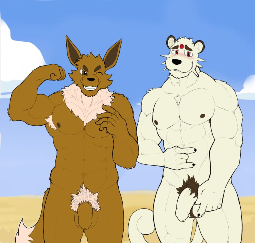 abs anthro arcwuff balls biceps blush brown_body brown_fur casual_nudity eevee felid flexing foreskin fur generation_1_pokemon genitals hi_res humanoid_genitalia humanoid_hands humanoid_penis intimatewolf looking_at_viewer male mammal manly muscular muscular_anthro muscular_male nintendo nipples nude outdoor_nudity pecs penis persian_(pokemon) pokemon pokemon_(species) simple_background smile solo standing tail teeth