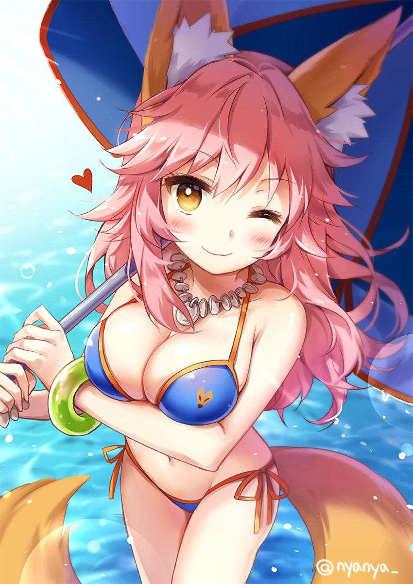 1girls animal_ears animal_tail bikini blush cleavage fate/grand_order fate_(series) female female_focus female_only fox_ears fox_girl heart large_breasts nyanya parasol side-tie_panties tagme tamamo_no_mae_(fate) wide_hips wink winking