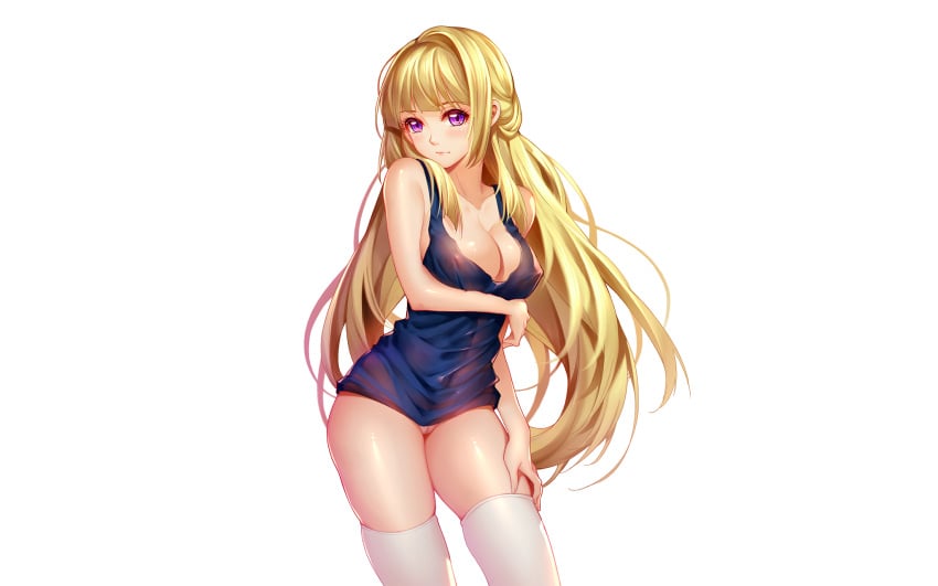 1girls blonde_hair blush breast_hold breasts cleavage erect_nipples female gundam gundam_tekketsu_no_orphans kudelia_aina_bernstein light-skinned_female light_skin long_hair navel no_bra purple_eyes pussy see-through solo thighhighs tidsean uncensored white_background