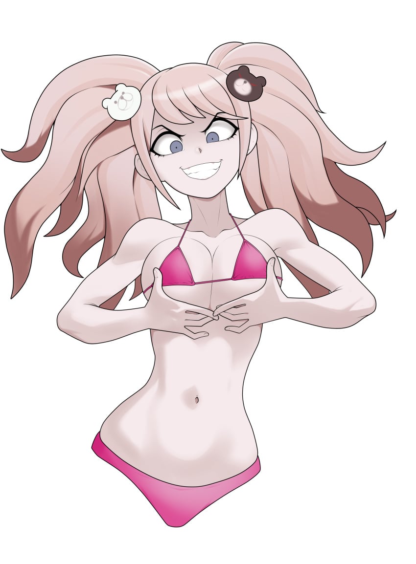 1girls anoneysnufftan bikini bikini_bottom blue_eyes breast_hold bust_portrait danganronpa evil_grin female female_only junko_enoshima pink_hair smile solo swimsuit transparent_background twintails upper_body waist_up