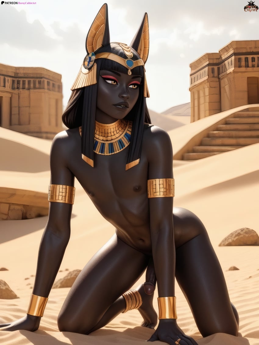 ai_generated anubis black_body desert egyptian egyptian_mythology femboy flat_chest horny_cultist_artist naked nude patreon penis trap