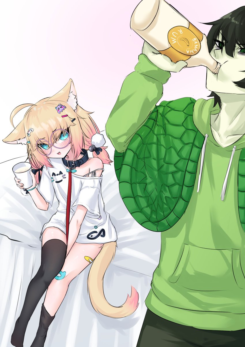 1boy 1girl 2025 blue_eyes cat_ears cat_tail catgirl drinking duo green_clothing green_eyes green_skin hair_ornament indie_virtual_youtuber leash_and_collar minikomew not_porn ritspi vedal987 virtual_youtuber white_clothing