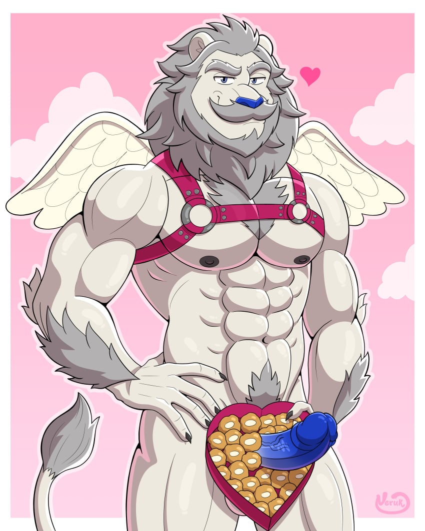 abs absurd_res anthro arm_hair balls bedroom_eyes biceps big_muscles big_penis blue_eyes blue_nose blue_penis body_hair box_of_chocolates candy chest_hair chest_tuft chocolate cupid dessert erection feathered_wings feathers felid feline food fur genitals grey_body grey_fur half-length_portrait hand_on_hip harness heart_symbol hi_res holidays lion looking_at_viewer male mammal mane mischievous mischievous_smile muscular muscular_anthro muscular_male narrowed_eyes neruk outline pantherine peeking_penis penis pink_background portrait pubes seductive simple_background solo standing triceps tuft valentine's_day vein veiny_penis white_body white_fur white_outline wings ych