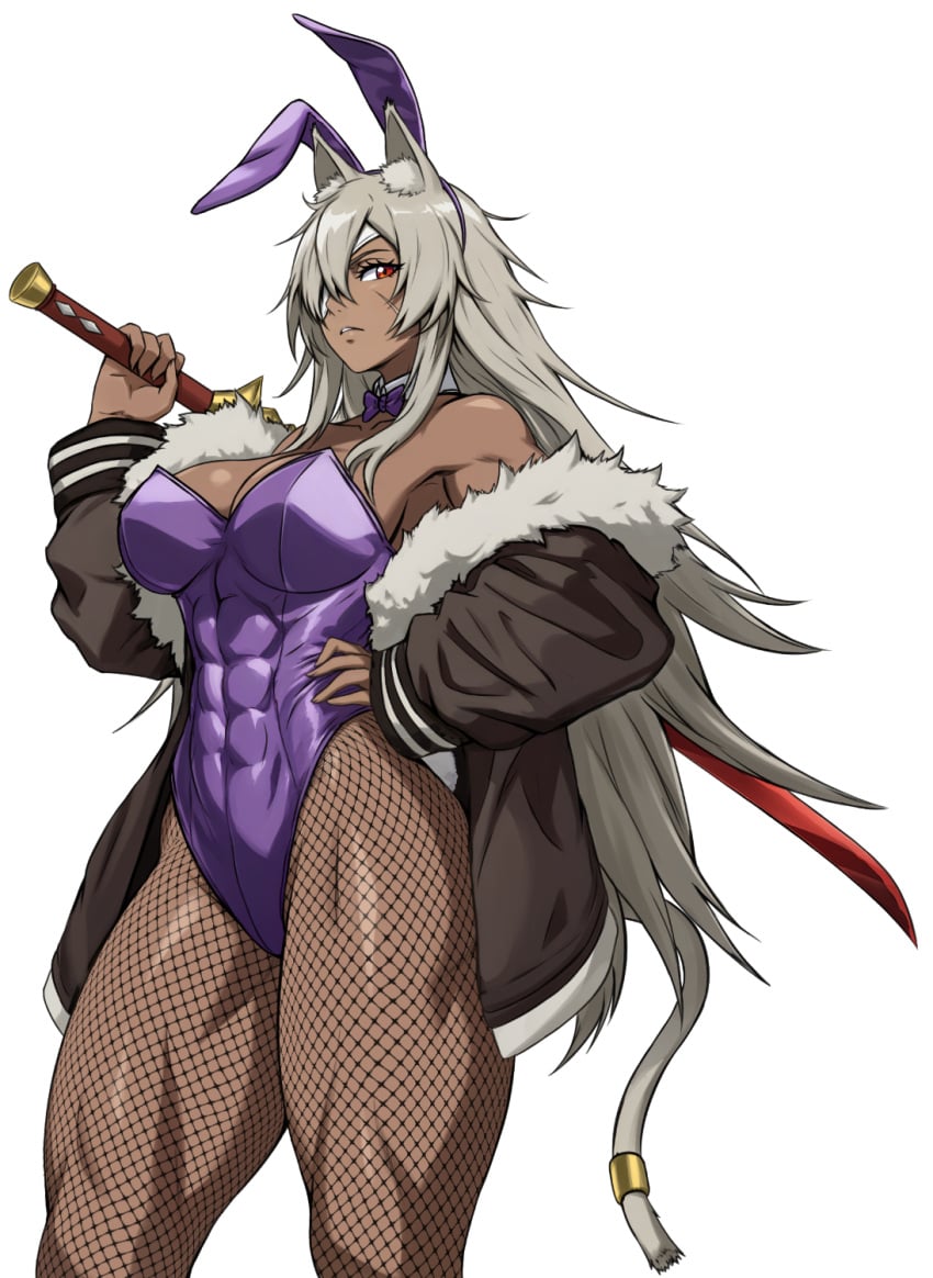 1girl abs animal_ears bunny_ears bunny_girl dark_skin eyepatch fishnet ghislaine_dedoldia grey_hair jacket large_breasts muscle muscular muscular_female muscular_thighs mushoku_tensei red_eye sword tail toned zantyarz