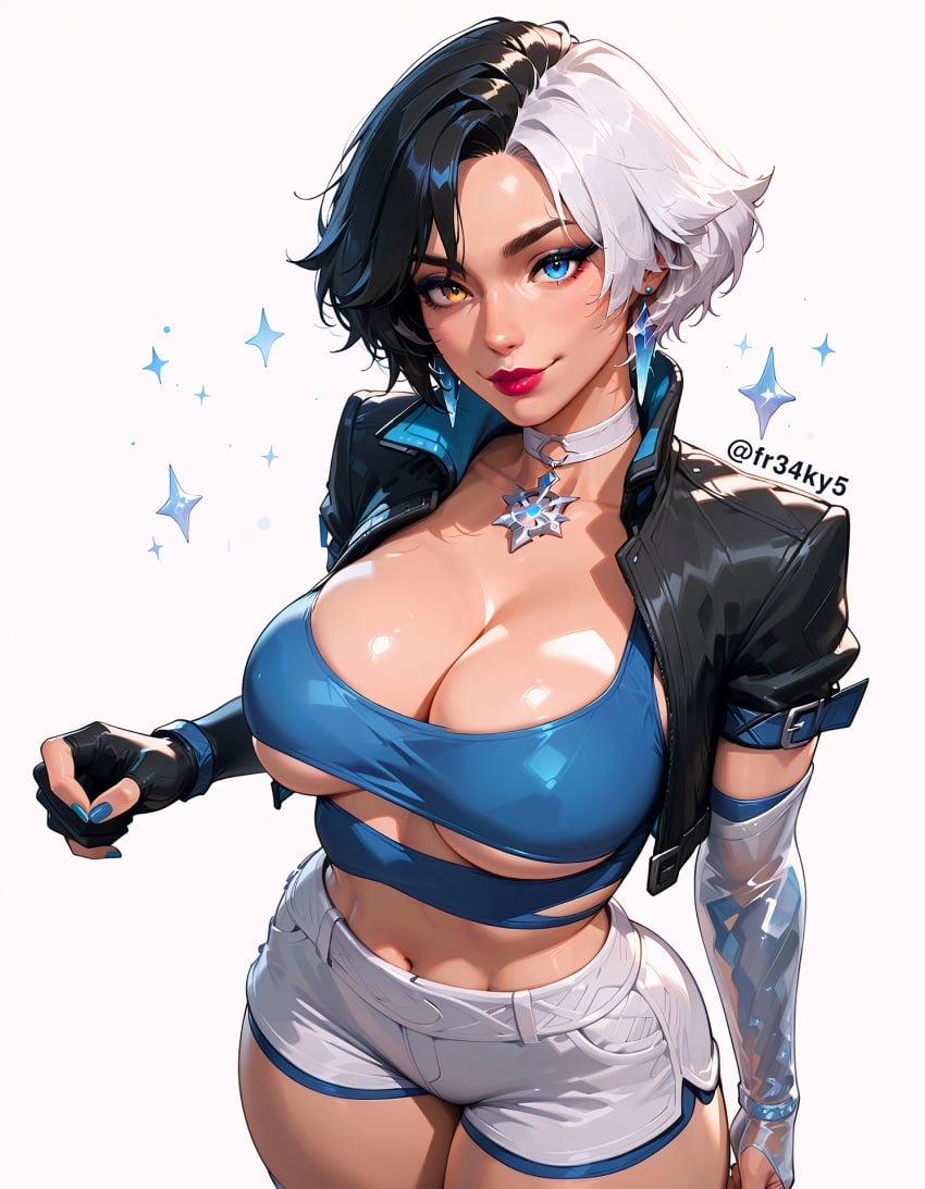 ai_generated cleavage fr34ky heterochromia huge_breasts luna_snow luna_snow_(marvel_rivals) marvel marvel_rivals multicolored_hair superheroine