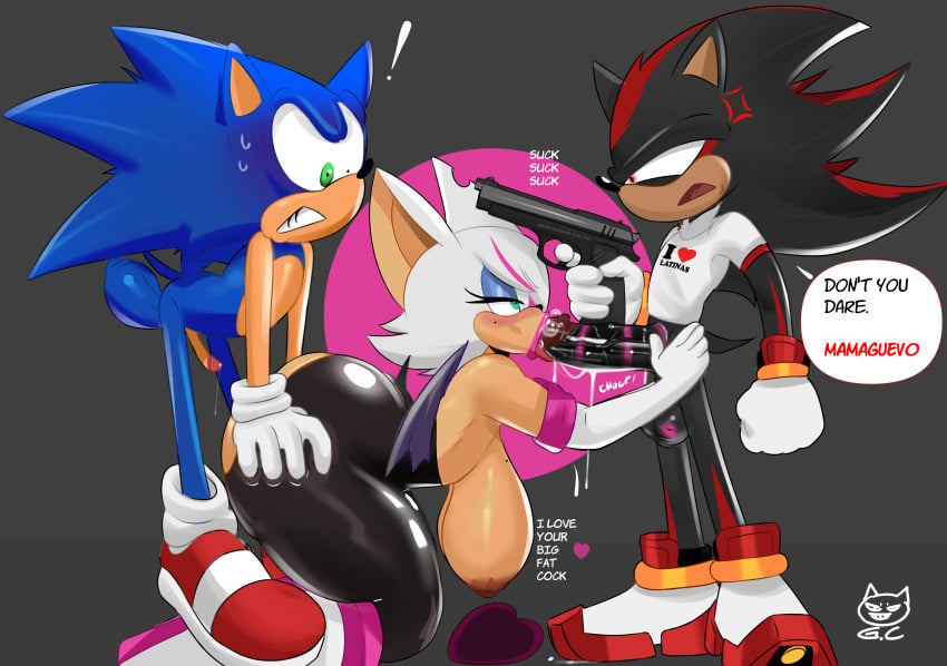 absurd_res angry anthro ass bat big_breasts big_butt bodily_fluids breasts clothing eulipotyphlan fellatio female gomezcat group gun hedgehog hi_res kiss_mark kneeling_oral_position latina licking licking_lips male mammal oral penile ranged_weapon rouge_the_bat saliva sega sex shadow_the_hedgehog shirt sonic_(series) sonic_the_hedgehog sonic_the_hedgehog_(series) surprise t-shirt tongue tongue_out topwear trio weapon