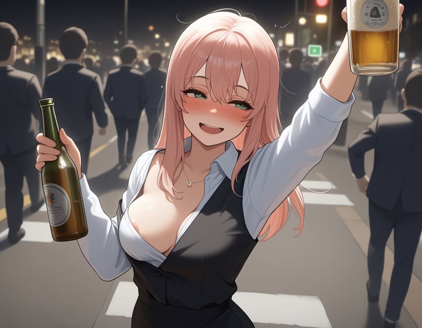 ai_generated areola areola_slip areolae areolae_slip beer beer_bottle big_breasts drunk exposed_breasts exposed_nipples nipslip wardrobe_malfunction