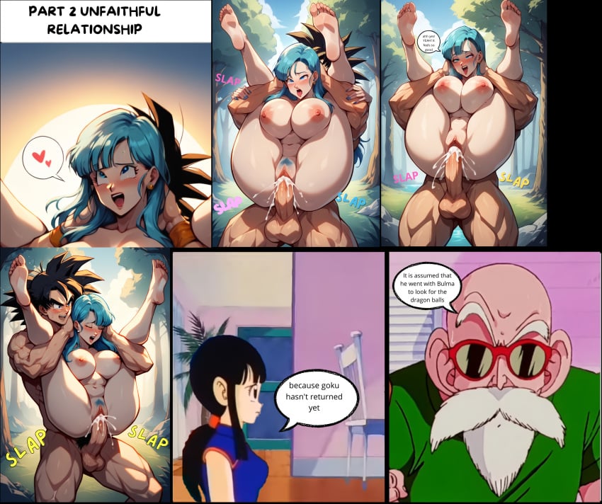 ai_generated ass breasts bulma_briefs chichi cock comic cum dragon_ball kame_house muten_roushi naked pussy son_goku text