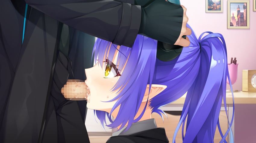 1boy black_pants blue_hair blush censored fellatio female from_side game_cg grabbing_another's_horns hair_between_eyes highres kobuichi kohibari_kurumi long_sleeves mosaic_censoring official_art oral pants penis pointy_ears ponytail profile short_hair sleeves_past_wrists sley_(tenshi_souzou_re-boot!) solo_focus straight tenshi_souzou_re-boot! yellow_eyes