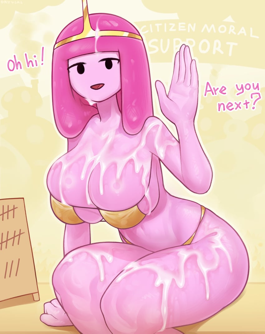 1girls 2024 2d 2d_(artwork) absurd_res absurdres adventure_time bikini bodily_fluids bubblegum_girl candy_girl cartoon_network crown cum cum_on_body dryvial english english_text female genital_fluids mob_face open_mouth pink_body pink_hair pink_skin princess princess_bubblegum revealing_clothes skimpy skimpy_clothes talking_to_viewer text voluptuous voluptuous_female waving waving_at_viewer