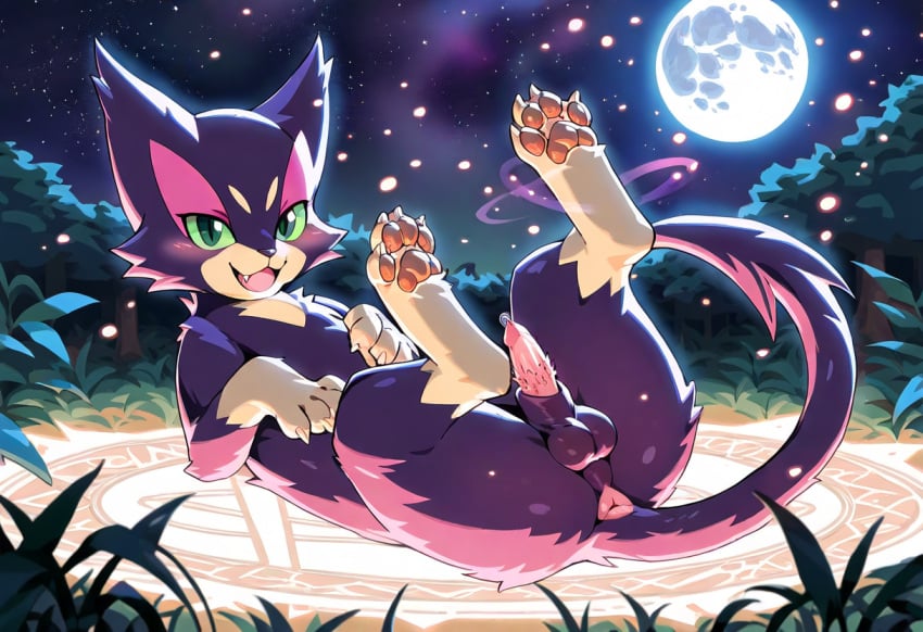 4_toes ai_generated animal_genitalia animal_penis anus balls claws fakeskill_(director) feet feline_penis feral generation_5_pokemon genitals lying male male_only on_back pawpads paws penile_spines penis pokemon_(species) purrloin sheath solo toe_claws toes