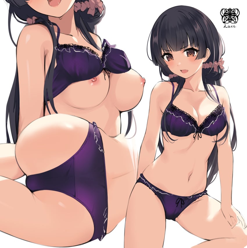 ai_eyes ai_generated ass_focus black_hair bra bra_lift breasts_out brown_eyes female_focus gin00 idolmaster idolmaster_shiny_colors long_hair looking_at_viewer mayuzumi_fuyuko panties underwear