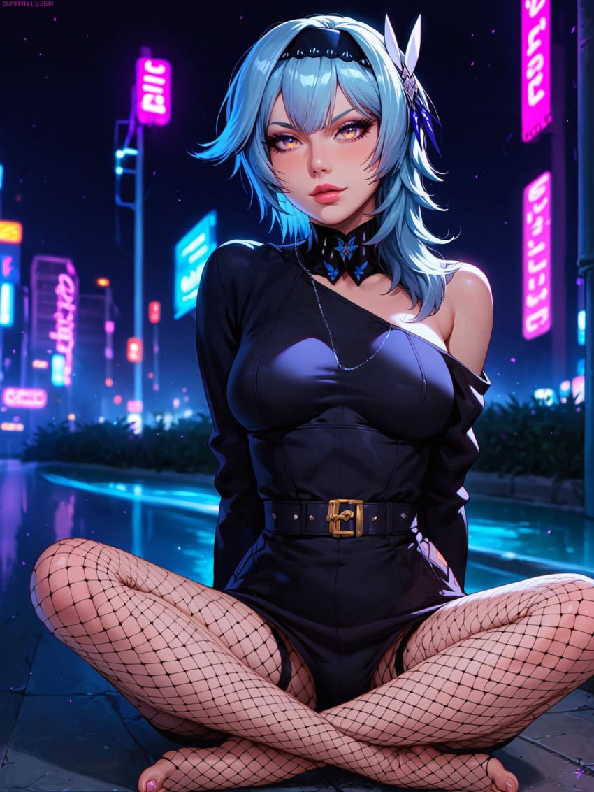 absurd_res ai_generated breasts eula_(genshin_impact) feet female fishnet_pantyhose fishnets genshin_impact ministro neon_lights night no_shoes parted_lips shirt sitting solo thighs