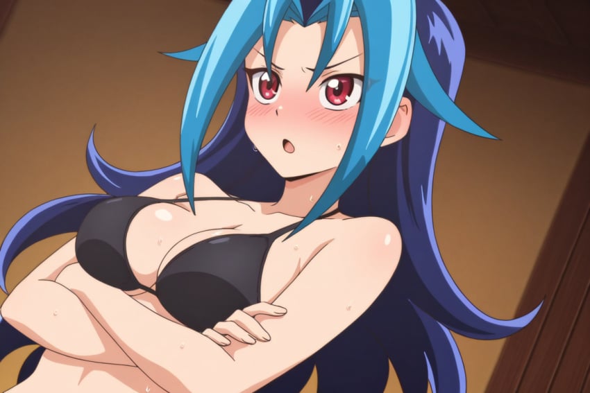 ai_generated bikini blue_hair blush female hi_res k-kun kamishiro_rio looking_at_another open_mouth red_eyes rio_kamishiro solo sweatdrop swimsuit yu-gi-oh! yu-gi-oh!_zexal