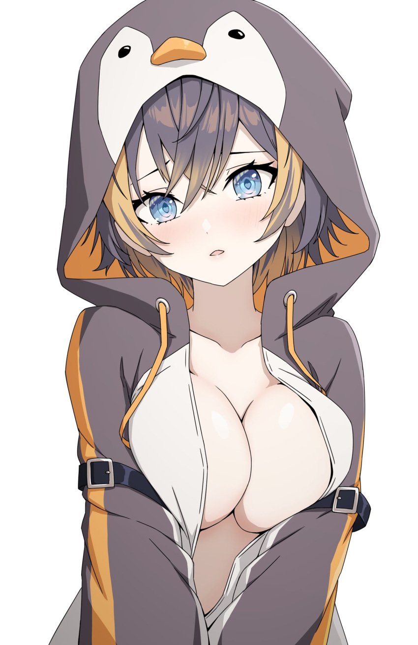 1girls alternate_breast_size barely_contained_breasts big_breasts black_hair blue_eyes blush braless breast_squish breasts dayyo_(daydarion/day-chan) hi_res highres hoodie looking_at_viewer naked_hoodie nijisanji nijisanji_en no_bra penguin_girl penguin_hood petra_gurin short_hair solo solo_female solo_focus two_tone_hair virtual_youtuber white_background yellow_hair