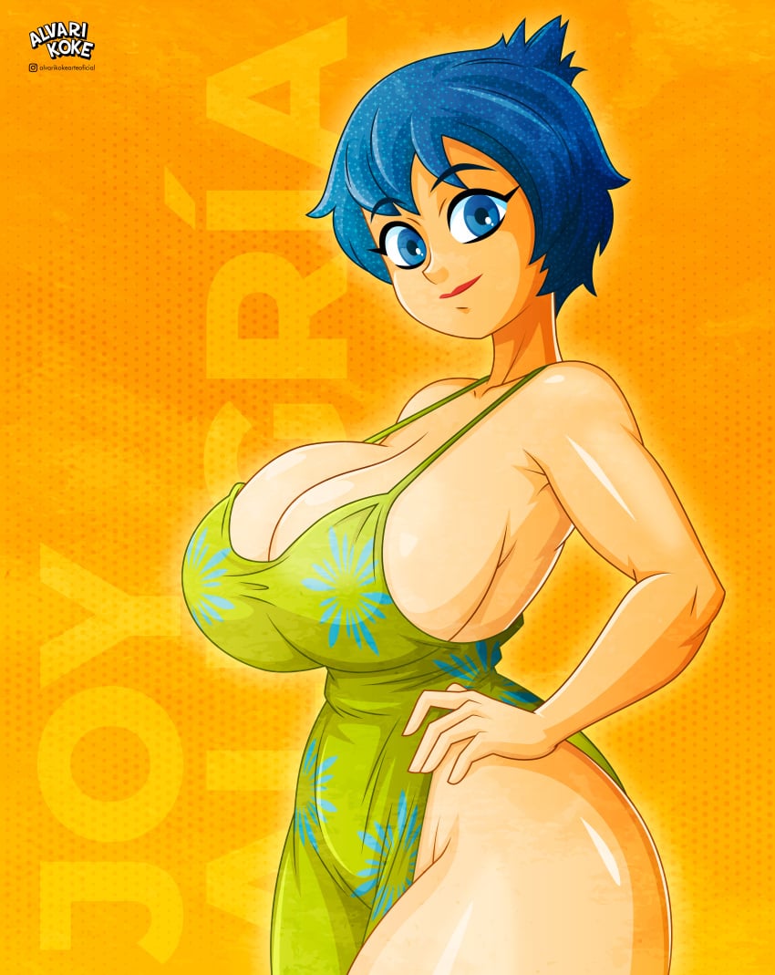 1girls alvarikokearte big_breasts blue_eyes blue_hair breasts curvaceous curvy curvy_body curvy_figure disney dress female_only hand_on_hip huge_breasts inside_out inside_out_2 joy_(inside_out) pixar short_hair short_hair_female solo solo_female solo_focus thick_thighs thighs yellow_body yellow_skin