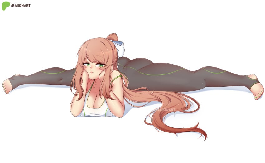 black_leggings black_legwear brown_hair cleavage doki_doki_literature_club emerald_eyes facing_viewer flexible green_eyes hair hair_ornament hair_ribbon laying_down laying_on_floor laying_on_ground laying_on_stomach leggings long_hair looking_at_viewer monika_(doki_doki_literature_club) ponytail raionart seductive splits spread_legs spreading tongue tongue_out white_bow white_ribbon wholesome