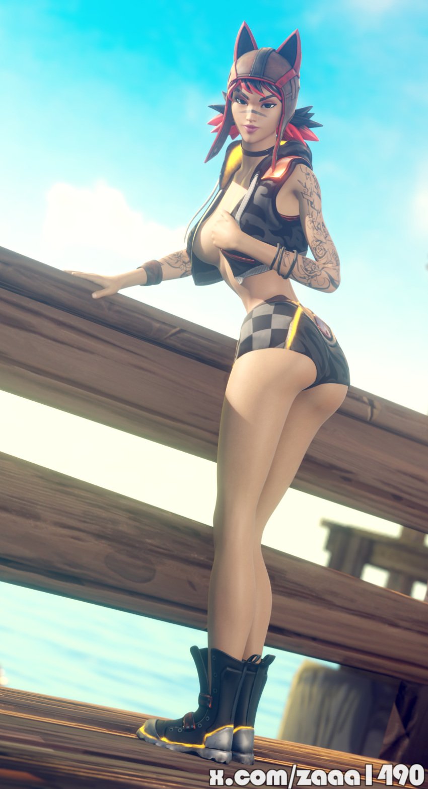 1girls 3d blender_(software) breasts choker female female_only fortnite fortnite:_battle_royale looking_at_viewer posing posing_for_the_viewer renegade_lynx short_shorts tattoo zaaa1490