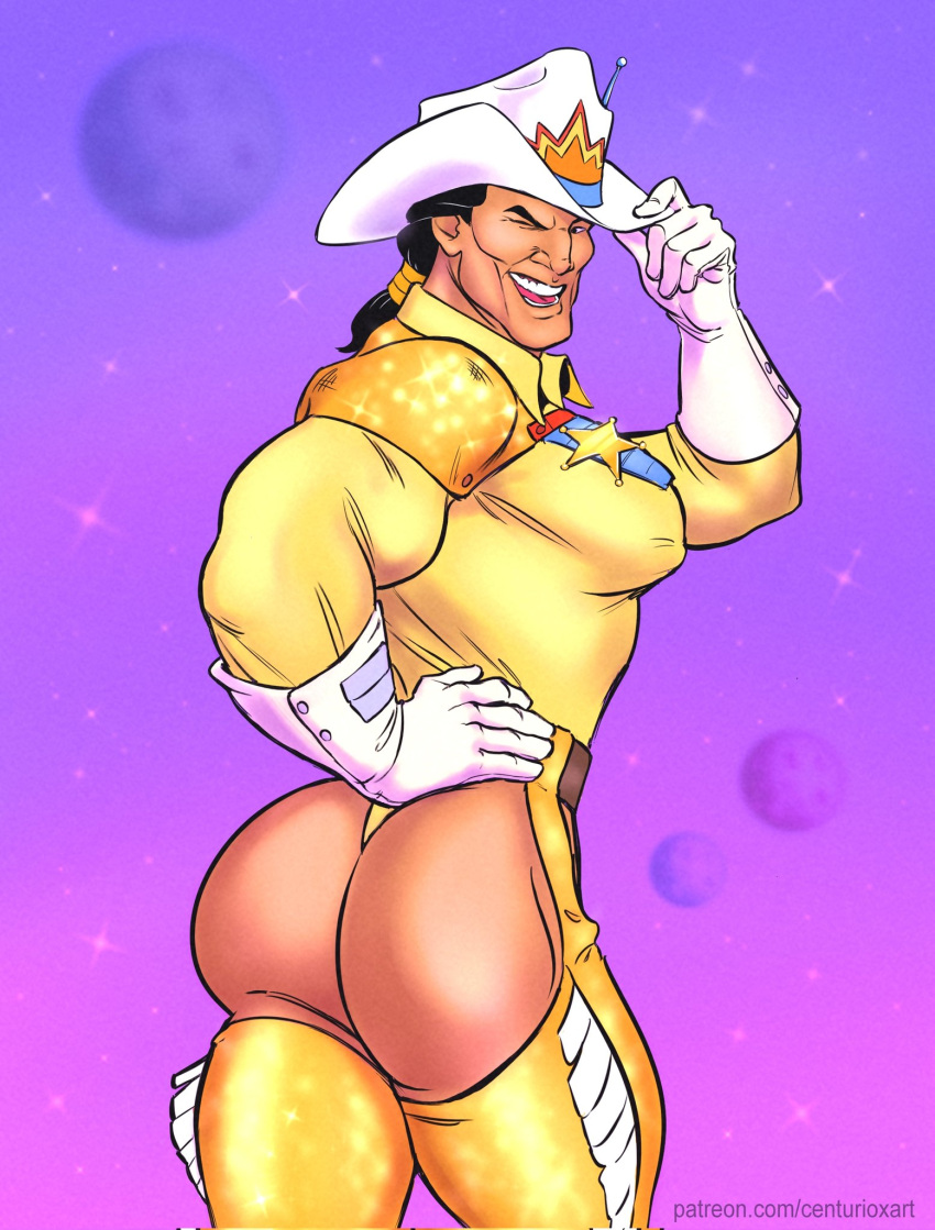 1boy assless_chaps assless_pants big_ass big_butt big_chest big_pecs black_hair bravestarr bubble_butt busty centurioxart male male_only nipple_bulge solo solo_male tan-skinned_male tan_body