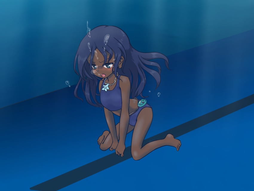 breathing_underwater dark-skinned_female feet mi'ara mudada_muda_(artist) original stopwatch swimming_pool swimming_trunks swimsuit swimwear underwater underwater_breathing