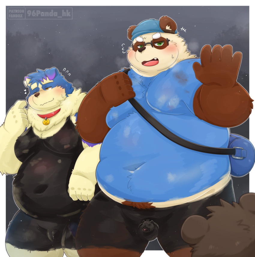 2024 96panda anthro balls bear belly big_belly blue_body blush brown_body canid canine canis chastity_cage chastity_device collar domestic_dog duo_focus genitals giant_panda group hi_res kemono male mammal micropenis moobs overweight overweight_male penis small_penis white_body