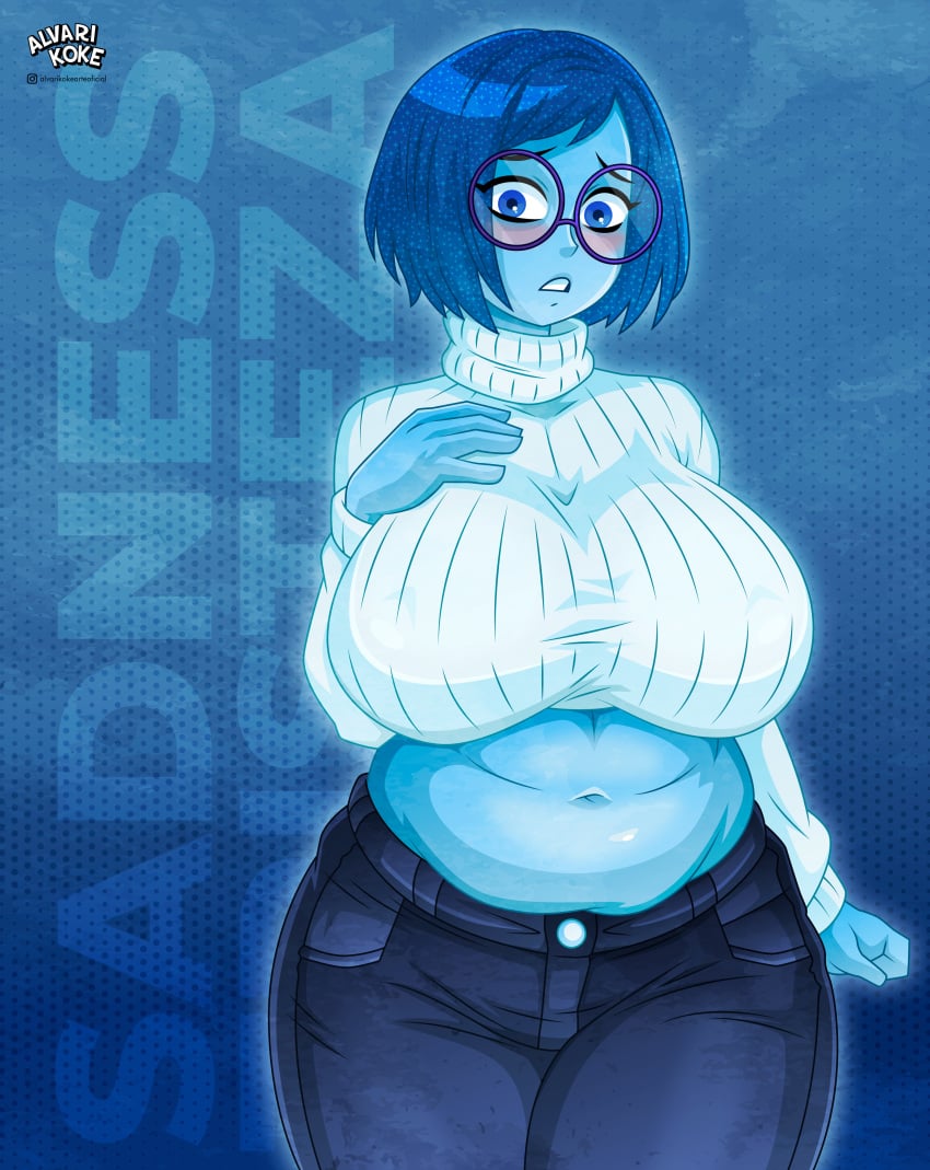 1girls alvarikokearte bare_midriff big_breasts blue_body blue_eyes blue_hair blue_skin blush breasts chubby chubby_female female glasses inside_out inside_out_2 sadness_(inside_out) solo