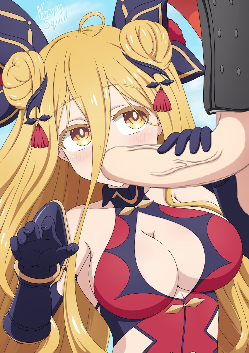 1boy 1girls 2d 2d_(artwork) big_breasts big_penis blonde_hair blowjob breasts cleavage clothed date_a_live gloves hoshimiya_mukuro itsuka_shido light-skinned_female vampy_squid veiny_penis yellow_eyes