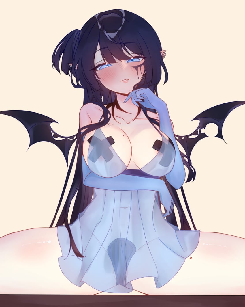 1girls black_hair black_pasties blue_eyes blue_gloves blush breasts confident ear_piercings female female_only gloves hoshiii huge_breasts light-skinned_female light_skin looking_at_viewer lunalia monster_girl pasties piercings pointy_ears rem_kanashibari sleep_paralysis_demon solo v4mirai virtual_youtuber wings x_pasties