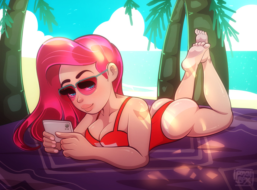 ariel ass disney disney_princess foxnbox lifeguard lifeguard_swimsuit looking_at_viewer one-piece_swimsuit phone red_swimsuit sunglasses swimsuit swimwear the_little_mermaid tinted_eyewear