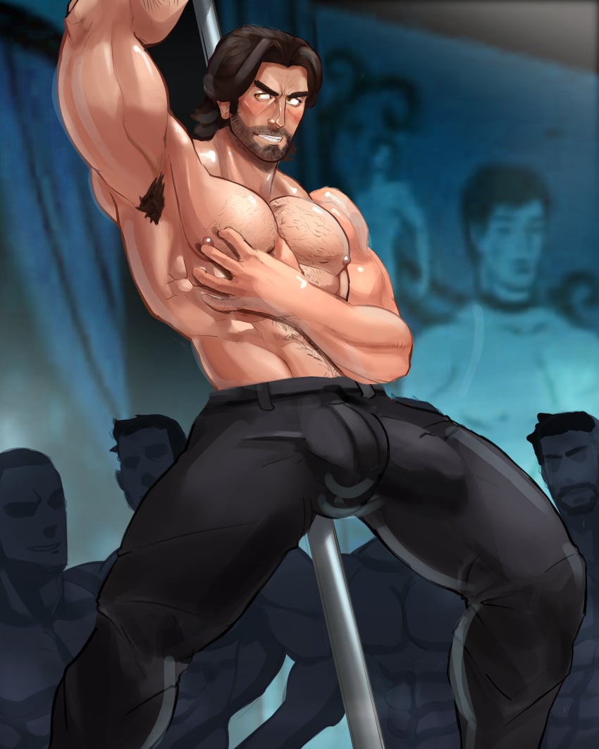 abs armpit_hair bara beard biceps big_bulge bigby_wolf blush brown_hair bulge clothing daddy erection_under_clothes fables huge_bulge kaito_draws male male_nipples male_only manly mature_male muscular_male nipples pecs penis_outline the_wolf_among_us tight_clothing