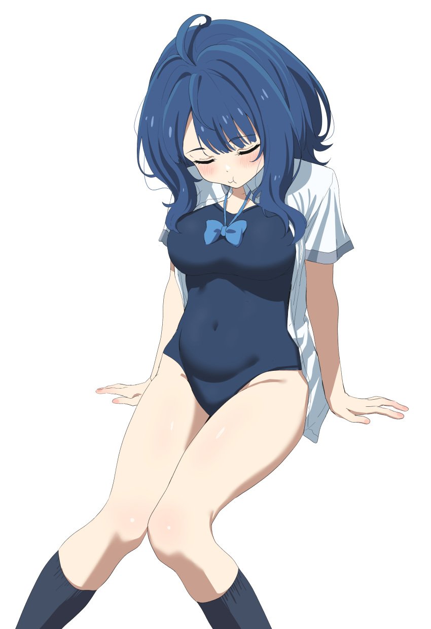 ahoge bare_arms bare_legs bare_thighs belly_button_visible_through_clothing big_breasts blue_hair blue_one-piece_swimsuit blue_socks blush body_blush breasts closed_eyes closed_mouth make_heroine_ga_oo_sugiru! medium_hair one-piece_swimsuit open_shirt pout ribbon shiny_skin sincos sitting socks swimsuit swimsuit_under_clothes thighs weight_conscious yanami_anna