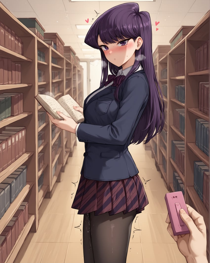 1boy 1girls ai_generated blush breasts female heart heavy_breathing hidden_vibrator holding_book jacket komi-san_wa_komyushou_desu komi_shouko library long_hair looking_at_viewer notreallyhere pantyhose pleated_skirt pov pov_hands purple_eyes purple_hair remote_control remote_control_vibrator school_uniform standing swept_bangs twitching wooden_floor