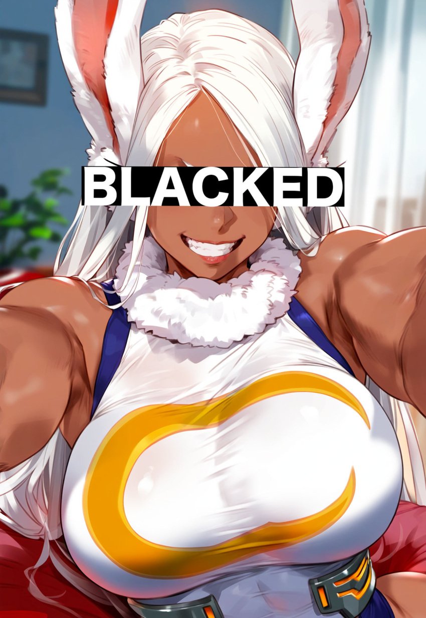 1girls abs ai_generated animal_ears armpits bangs bare_shoulders blacked blurry breasts bunny_ears bunny_girl bunny_tail censored_eyes clothing covered_eyes crescent_print curvaceous curvaceous_female curvaceous_figure curvy curvy_figure dark-skinned_female dark-skinned_male dark_skin english_text facing_viewer female female_focus female_only floxin fur_collar gloves grin highleg highleg_leotard identity_censor indoors large_breasts leotard long_eyelashes long_hair looking_at_viewer lying mirko miruko muscle muscular_female my_hero_academia navel parted_bangs rumi_usagiyama sleeveless sleeveless_turtleneck sleeveless_turtleneck_leotard smile solo superhero taut_clothes teeth thick_thighs thighs toned turtleneck turtleneck_leotard uncensored upper_body usagiyama_rumi very_long_hair voluptuous voluptuous_female white_hair white_leotard