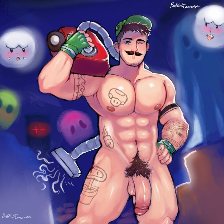 1boy abs bakkunsfw balls blue_eyes boo_(mario) brown_hair facial_hair ghost gloves green_gloves green_hat human looking_at_viewer luigi luigi&#039;s_mansion male male_nipples male_only manly mario_(series) muscular muscular_male nintendo nipples nude nude_male penis pubic_hair solo solo_male tattoo vaccum winking_at_viewer