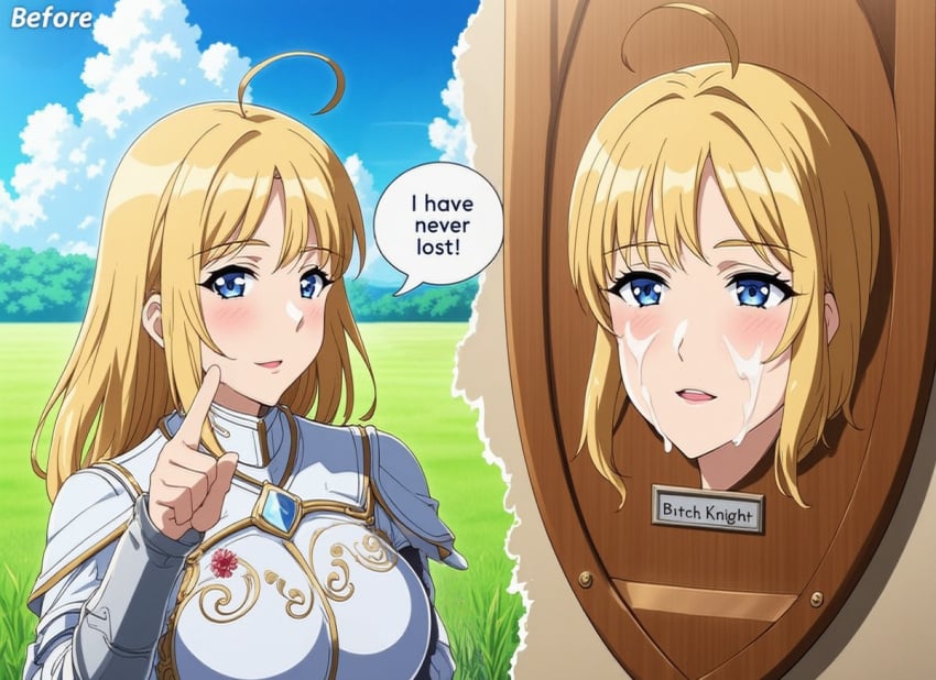 ahoge ai_generated armor arrogant bad_end before_and_after beheaded blonde_hair blue_eyes cum cum_on_face decapitation defeated defeated_heroine english_text female_knight field grass guro huge_breasts human_furniture hunting_trophy instant_loss instant_loss_2koma looking_at_viewer mounted_trophy on_wall original_character severed_head smug spoils_of_war stuffed trophy trophy_head