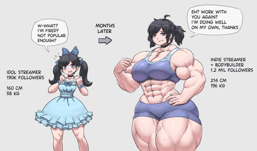 abs before_and_after black_hair choker dress huge_breasts muscle_growth muscular_female pigtails sheepapp skirt spandex_shorts sports_bra thick_thighs