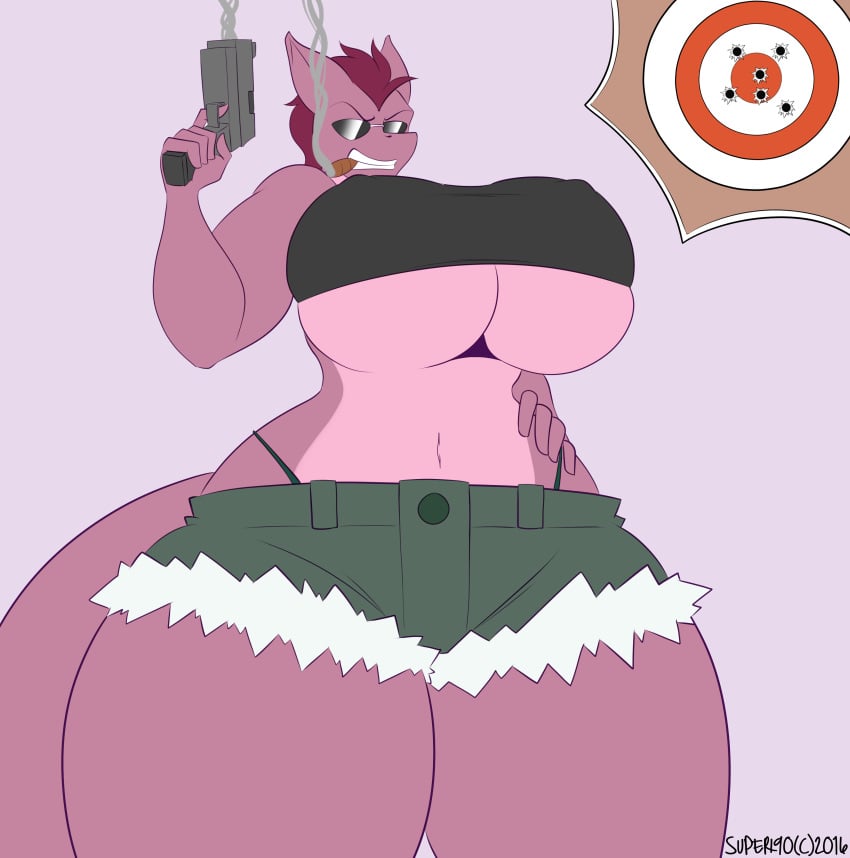 anthro bullet_hole cigar cigarette_in_mouth dragon dragon_girl dragon_tail gun hand_on_hip holes large_breasts lois_(superix) mohawk navel nipple_bulge non-mammal_breasts pistol purple_body purple_hair ripped_jeans ripped_pants scalie smoke smoking sunglasses superix tail target teeth two_tone_body weapon