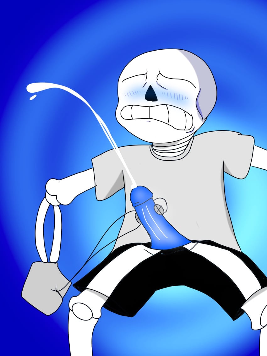 blush blush_lines cum glowing_genitalia lightsaber_dick male_focus male_only no_humans pleasure_face sans skeleton undertale_(series) vibrator_on_penis