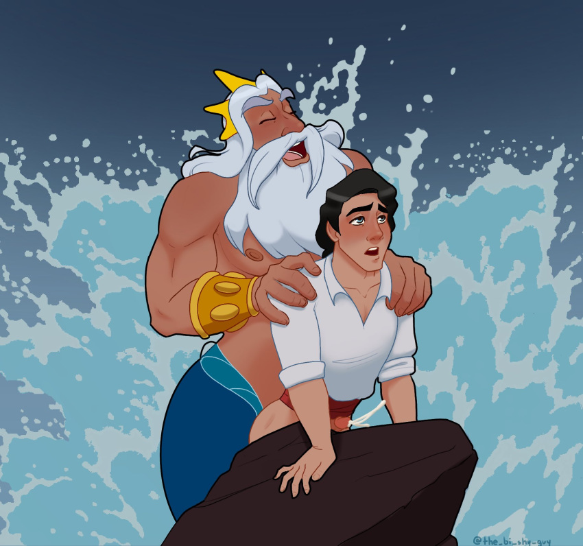 age_difference anal anthro beard biceps black_hair blush bodily_fluids bottomless clothed clothing crown cum disney duo ejaculation facial_hair fin fish_tail genital_fluids genitals hair hands-free headgear hi_res human humanoid humanoid_genitalia humanoid_penis king_triton male male/male mammal marine merfolk mermaid_tail muscular muscular_male nipples not_furry pecs penis prince_eric rock sea shirt shirt_only size_difference split_form the_bi_shy_guy the_little_mermaid topwear topwear_only water wave white_hair