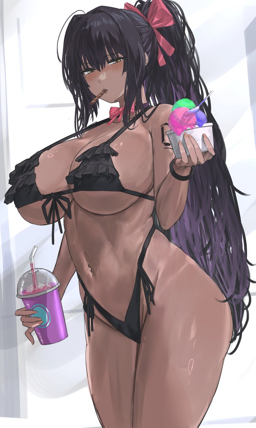 absurdres alternate_costume bare_shoulders bikini black_bikini black_hair blue_archive blush breasts cleavage commentary cup dark-skinned_female dark_skin female food highres huge_breasts ice_cream karin_(blue_archive) long_hair looking_at_viewer mouth_hold navel nuo_(fttv3255) ponytail sideboob sidelocks solo stomach swimsuit thighs underboob very_long_hair yellow_eyes